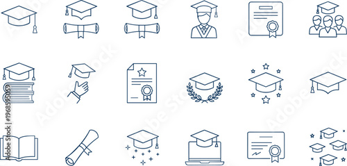 Education and graduation line icons set featuring diploma certificate student cap learning symbols for academic achievement school university and online education vector design collection