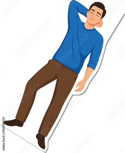 Man laying down on his side with arm behind his head, appearing to sleep.