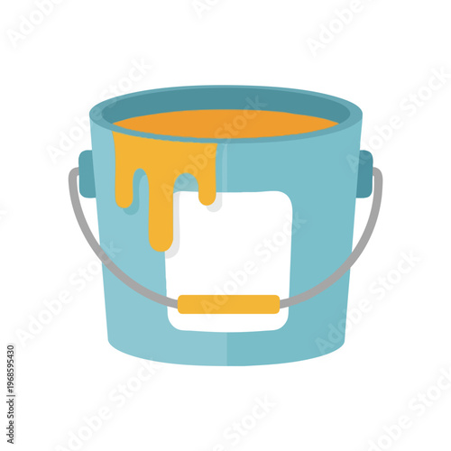 Blue paint bucket with yellow liquid spilling over the side