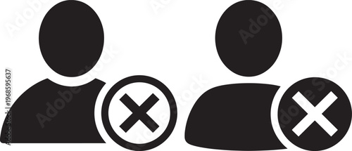 Silhouettes of two people with 'x' mark icons with no entry with warning sign with cross mark with x mark with access denied with user management with black and white