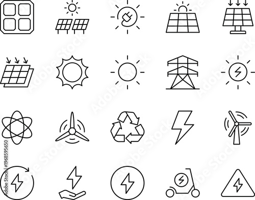 Renewable energy line vector icon set solar panel wind turbine electricity sun