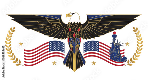 Patriotic USA Emblem with American Bald Eagle, Flags, and Statue of Liberty Illustration on White Background