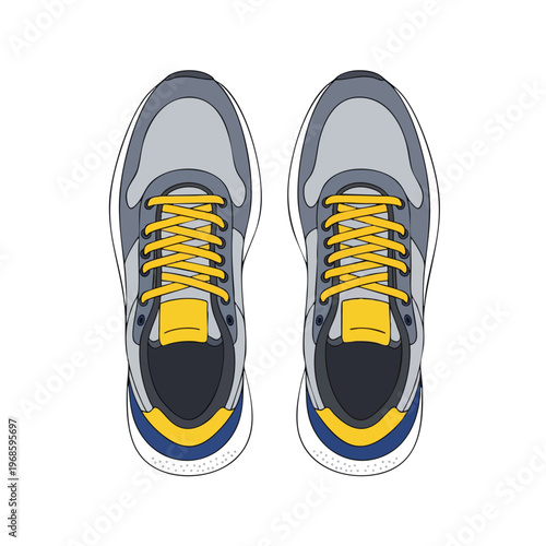 Overhead view of two grey, yellow, and blue athletic shoes with white soles