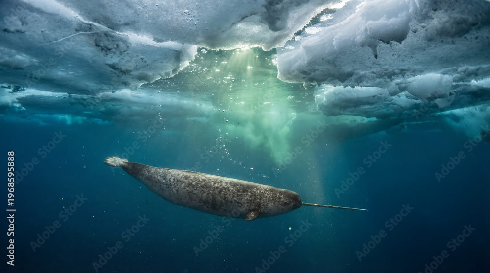 Fototapeta premium Narwhal Under Ice with Emerald Light Shafts