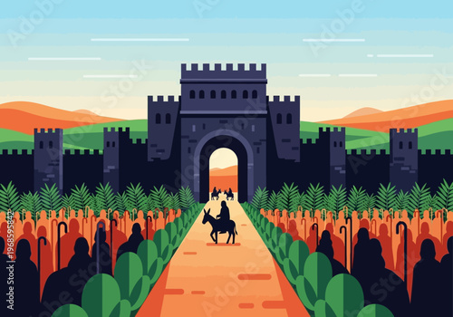 Triumphal Entry of Jesus into Jerusalem on Palm Sunday, Biblical Illustration of Christ on a Donkey Entering the City Gate with Crowds and Palm Branches