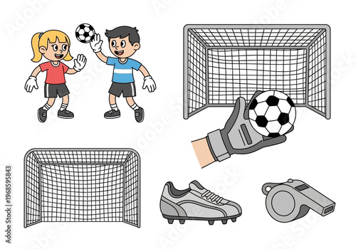 Kids Soccer Elements Set with Cartoon Goalkeepers, Goal Net, Ball, Cleat and Whistle