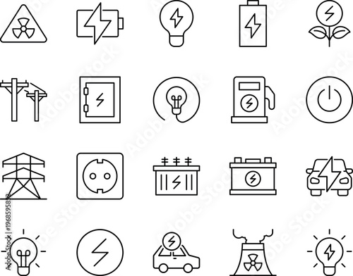 Energy electricity line icon set light bulb battery electric car power plant