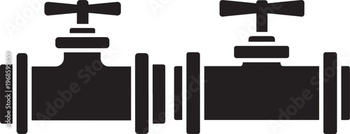 Two industrial pipe valves in silhouette with valve control with valve handle with pipe fitting with shut off valve with water valve with plumbing valve with plumbing system with supply valve