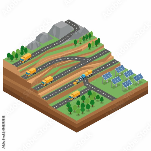 Isometric view of a multi-level road system with trucks and solar panels.