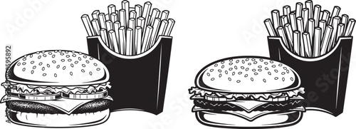 Two burgers and fries in silhouette with french fries with fast food with junk food with food icon with burger icon with meal icon with snack icon with restaurant icon with takeaway icon