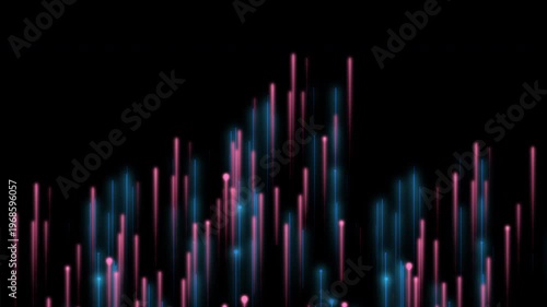 Abstract particle animation of red and blue light streaks rising vertically on a black background, creating a dynamic glowing motion effect.
