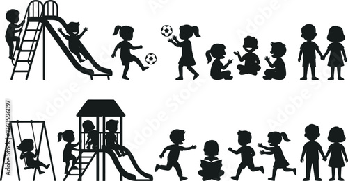 Kids Playground Silhouette Vector Set – Children Playing Activities Icons, Park Equipment and Playtime Black Illustration Bundle