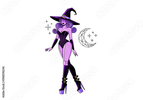 Stylish Halloween Witch Vector Illustration with Crescent Moon Stars and Sexy Purple Gothic Outfit Isolated on White