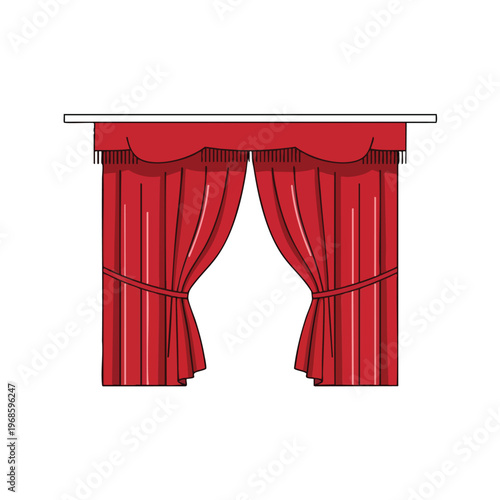 Red stage curtains are drawn open, revealing a white space