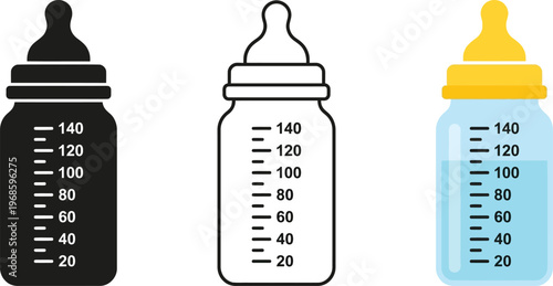 Baby Bottle Measurement Vector Set – Infant Feeding Bottle Icons, Milk Scale Illustration, Black Outline and Colored Design Bundle