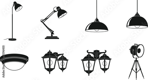 Lighting fixtures and lamp icon set featuring desk lamp ceiling pendant street light studio spotlight silhouette collection isolated on white background