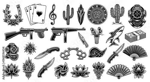 Vintage Tattoo Flash Set with Retro Icons - Black and White Engraving Style featuring Guns, Knives, Flowers, and Gambling Symbols