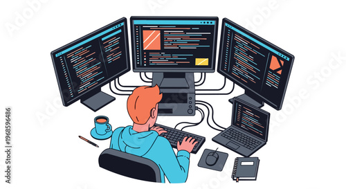 Software Developer Working on Multiple Computer Screens and Laptop