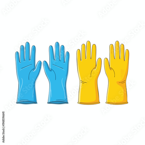 Pair of blue and yellow rubber gloves, cartoon style, on white background