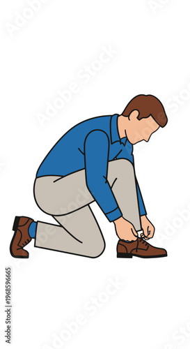 Man bending to tie the laces of his classic dress shoe before going out.