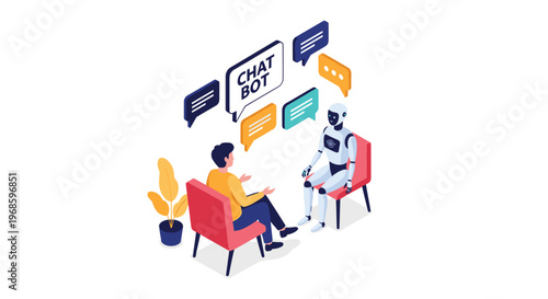 Man sitting in a chair and having an interactive conversation with a humanoid AI chatbot represented by speech bubbles.