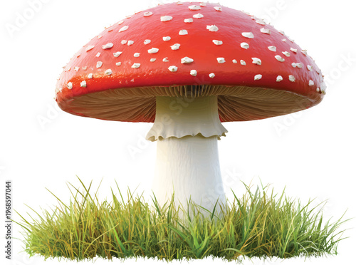 mushroom with a red cap and white stem on green grass on a transparent background