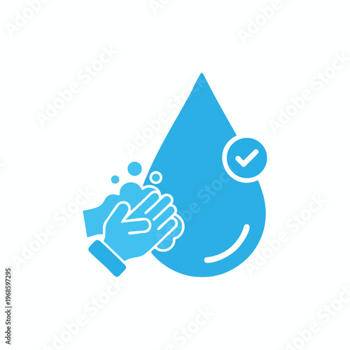Hands washing with soap and water, symbolized by a large droplet