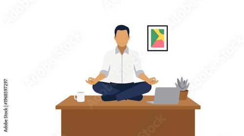 Businessman Meditating at Office Desk Mindfulness Break Flat Vector