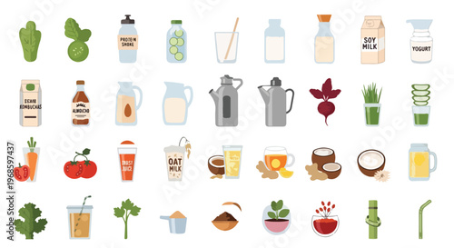 An assortment of flat illustrations showcasing healthy beverages, plant-based milks, fresh fruits, vegetables, and superfood ingredients.