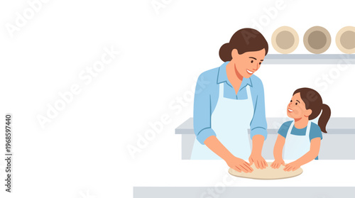 Working Mother and Daughter Cooking Together Kitchen Scene