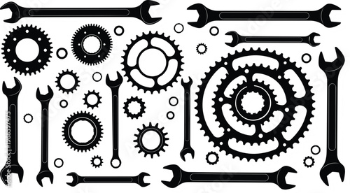Mechanical gear and wrench tool icon set featuring industrial cog wheels engineering repair equipment silhouette collection isolated on white background