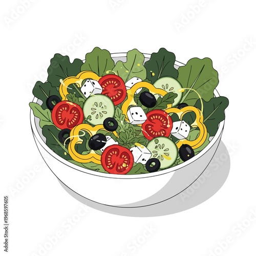 A colorful salad with greens, tomatoes, cucumbers, olives, bell peppers, and feta cheese