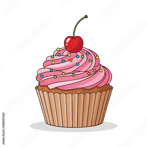 A festive cupcake with pink frosting, colorful sprinkles, and a cherry on top