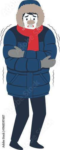 Person shivers uncontrollably in thick winter coat, scarf, and gloves.