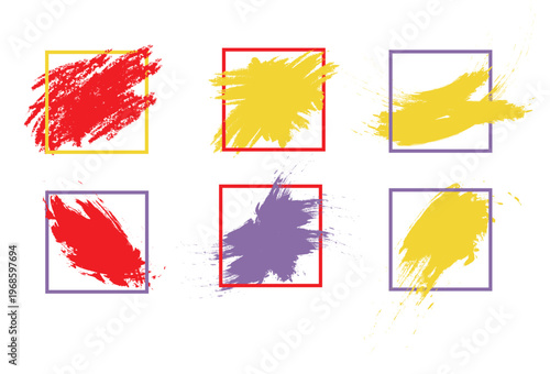 Set of colorful paint brush strokes in square frames