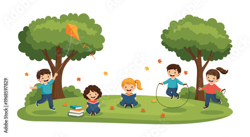 Group of happy children playing outdoors in a green park flying a kite reading books and skipping rope together.