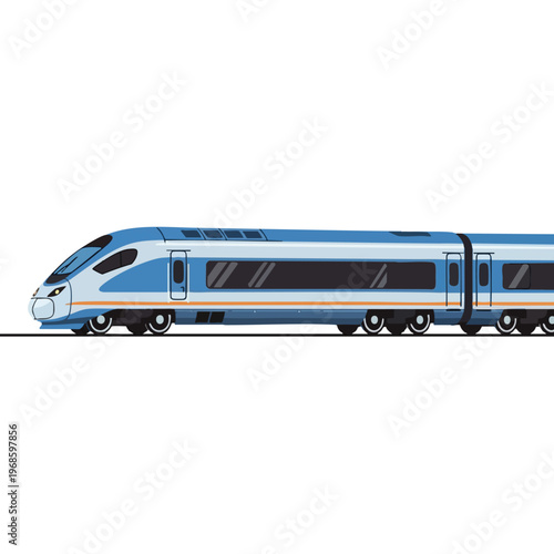 Streamlined blue and white high-speed train with orange accents, isolated on white