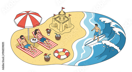 Couple enjoying a summer beach vacation by building sandcastles sunbathing and surfing on the ocean waves together.