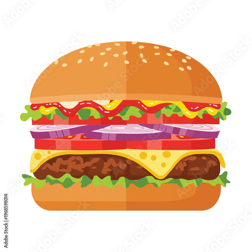 A tall, layered hamburger with sesame seed bun, lettuce, tomato, onion, cheese, and patty