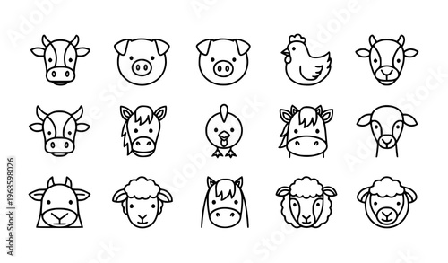 Farm animals outline icons set friendly livestock symbols for agriculture apps vector eps10