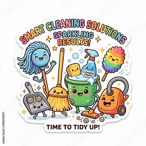 Cute Kawaii Cleaning Tools Sticker Set with 