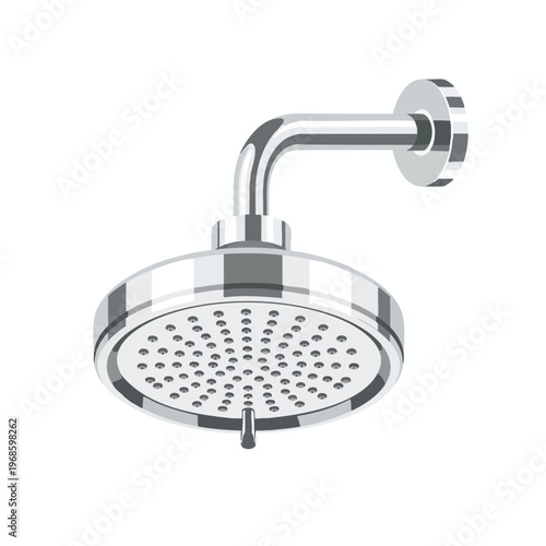Polished chrome shower head with multiple holes mounted on a curved arm