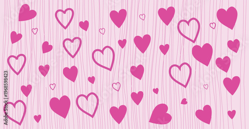 Pink heart pattern background with romantic love symbols on textured lines for valentine design and cute decoration
