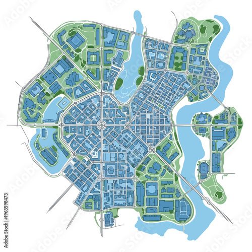 Top-down view of a stylized city with blue buildings and green parks