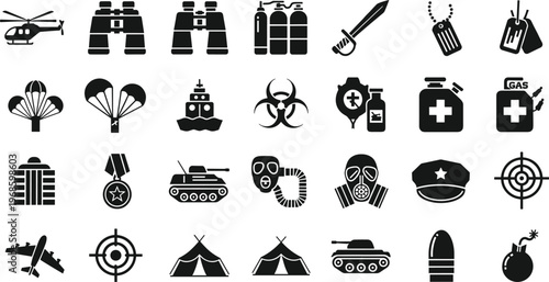 Military army equipment icon set featuring weapons vehicles medical gear parachute tank silhouette collection isolated on white background