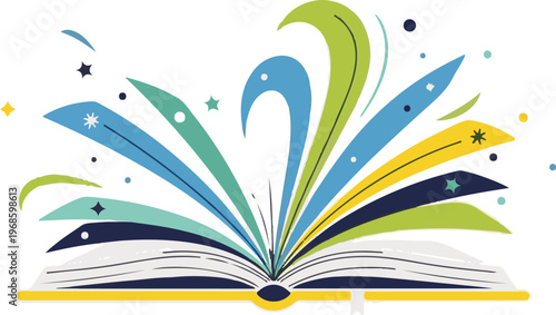 A colorful illustration of an open book with vibrant designs