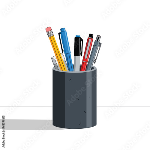 A cylindrical holder contains a yellow pencil, blue, black, red, and grey pens