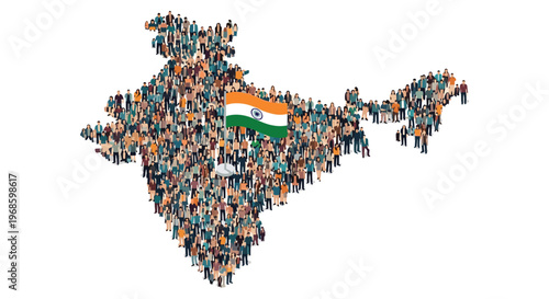 Map of India formed by a diverse crowd of people with the national flag in the center representing population growth.