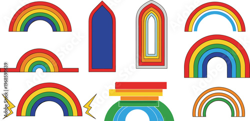 Colorful Rainbow Icon Set with Various Arch Shapes and Geometric Designs for Pride Month, LGBTQ Support, Weather Forecasts, and Kids Decorative Graphic Elements