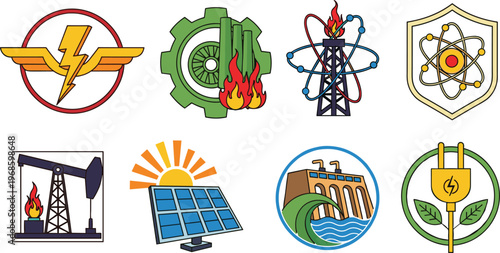 Comprehensive Industrial Energy Icon Set Featuring Solar Panels Hydroelectric Power Nuclear Symbols and Renewable Resource Graphics for Sustainable Industry Designs